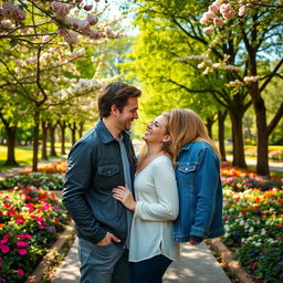 A beautiful couple standing closely together in a vibrant park filled with blooming flowers, lush green trees, and dappled sunlight filtering through the leaves
