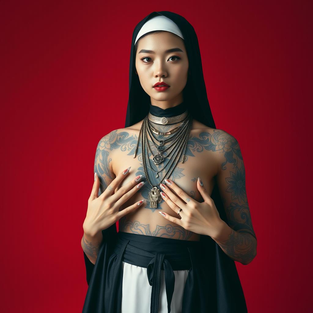 A tall and slender Korean nun with an intricately designed full-body tattoo, standing confidently against a bold red background