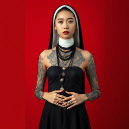 A tall and slender Korean nun with an intricately designed full-body tattoo, standing confidently against a bold red background
