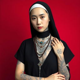 A tall and slender Korean nun with an intricately designed full-body tattoo, standing confidently against a bold red background