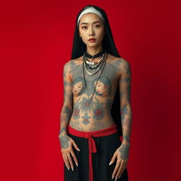 A tall and slender Korean nun with an intricately designed full-body tattoo, standing confidently against a bold red background