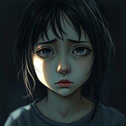 A poignant depiction of a girl with dull, lifeless eyes, her expression reflecting a sense of lost hope