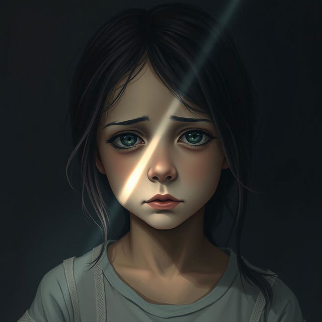 A poignant depiction of a girl with dull, lifeless eyes, her expression reflecting a sense of lost hope