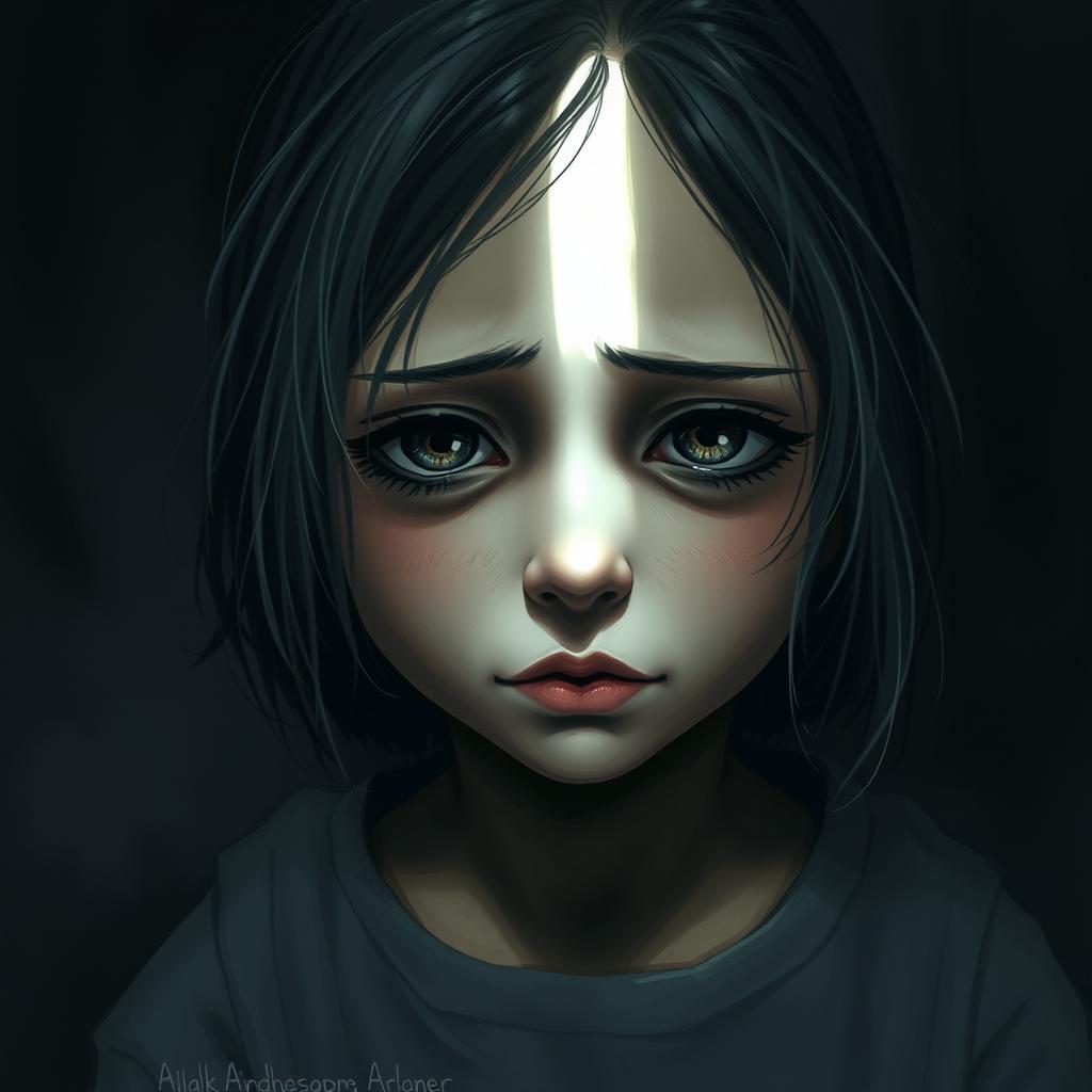 A poignant depiction of a girl with dull, lifeless eyes, her expression reflecting a sense of lost hope