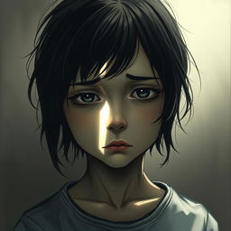 A poignant depiction of a girl with dull, lifeless eyes, her expression reflecting a sense of lost hope