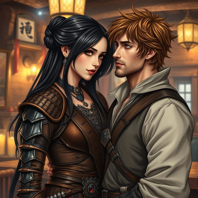 A highly realistic drawing of a fantasy couple, featuring a 24-year-old Japanese pirate-samurai with sleek black hair and deep dark hazel eyes