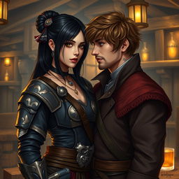A highly realistic drawing of a fantasy couple, featuring a 24-year-old Japanese pirate-samurai with sleek black hair and deep dark hazel eyes