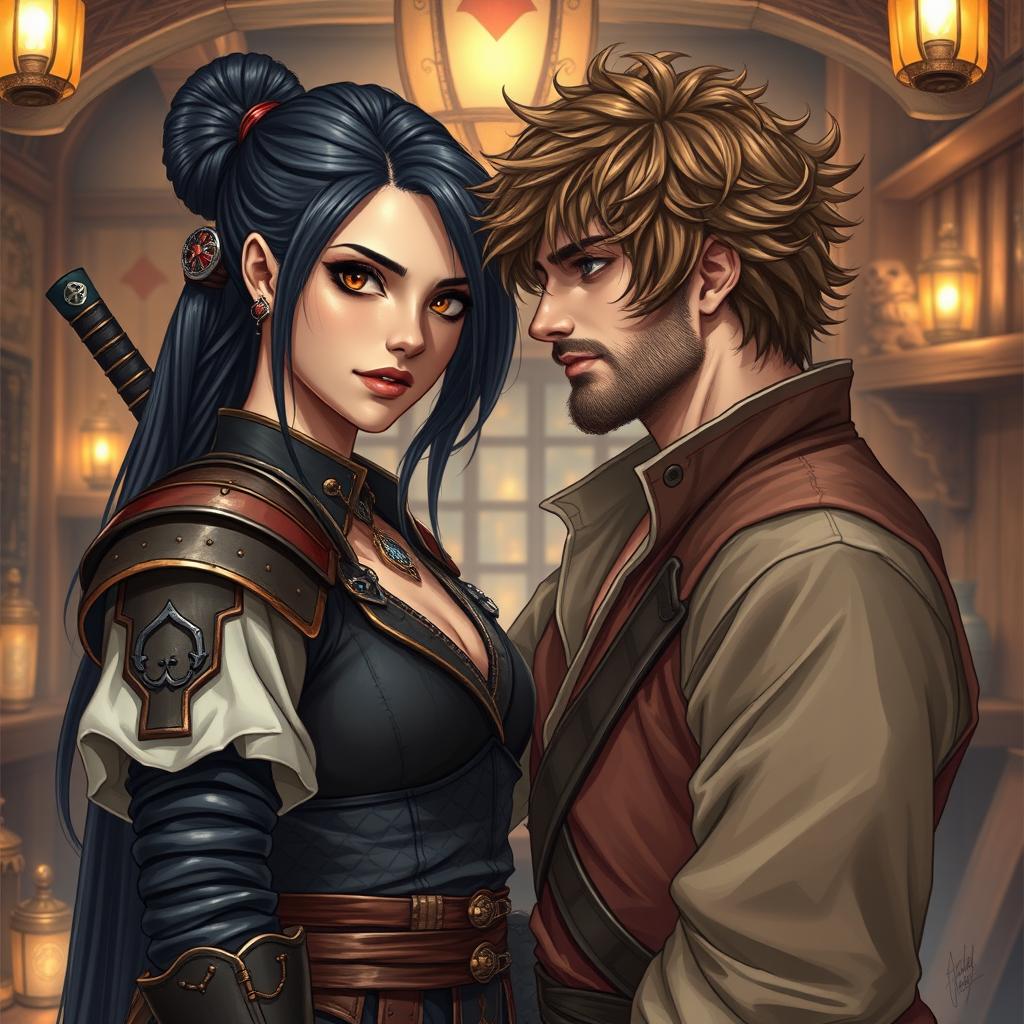 A highly realistic drawing of a fantasy couple, featuring a 24-year-old Japanese pirate-samurai with sleek black hair and deep dark hazel eyes