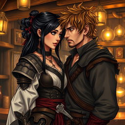 A highly realistic drawing of a fantasy couple, featuring a 24-year-old Japanese pirate-samurai with sleek black hair and deep dark hazel eyes