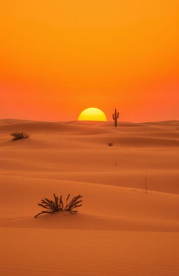 A serene and desolate desert landscape at sunset, featuring vast stretches of golden sand dunes under a vibrant orange sky, with a few scattered dry shrubs and dry grasses