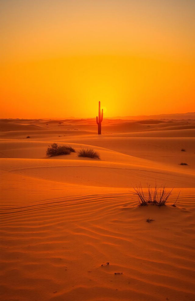 A serene and desolate desert landscape at sunset, featuring vast stretches of golden sand dunes under a vibrant orange sky, with a few scattered dry shrubs and dry grasses