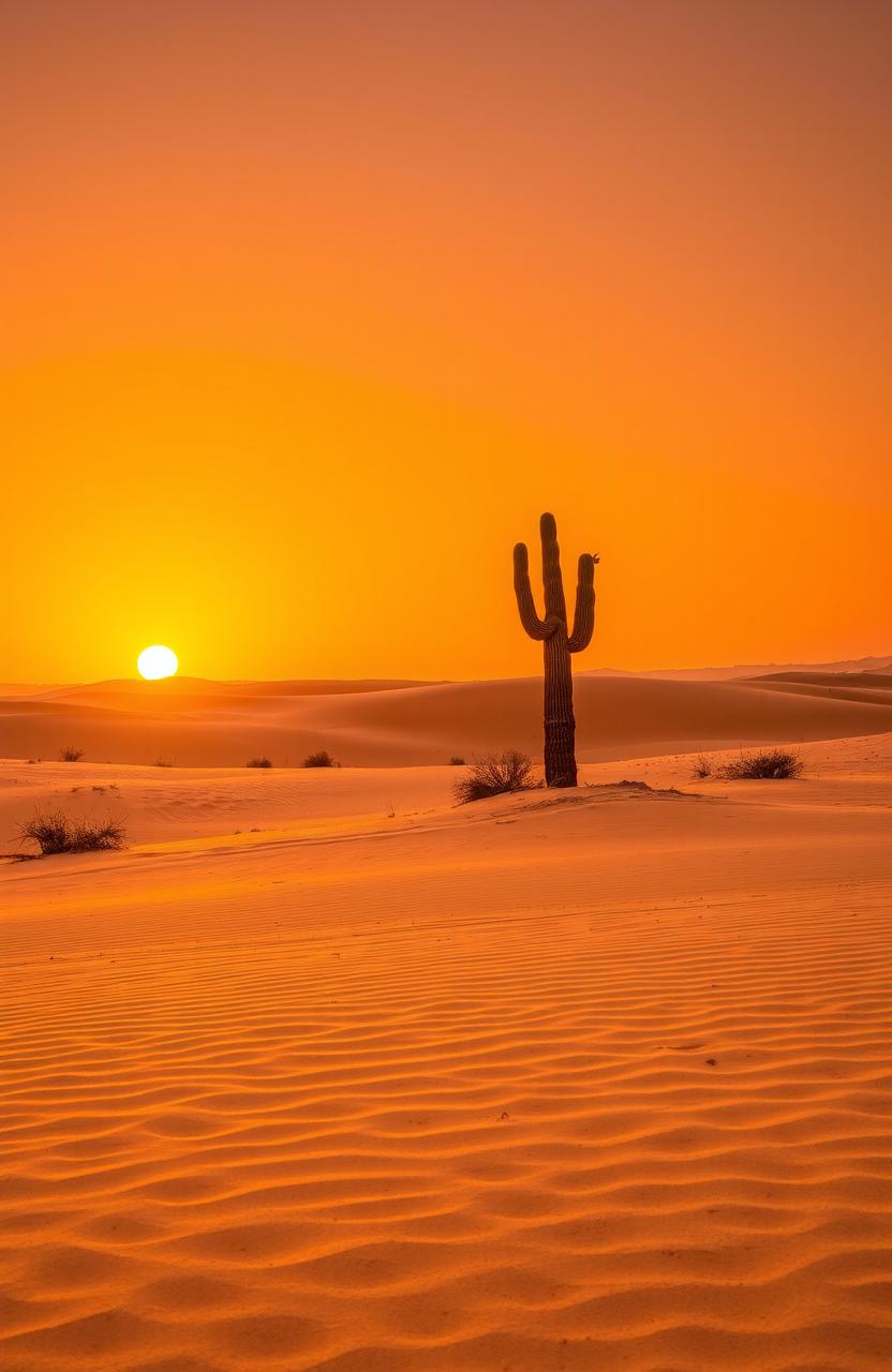 A serene and desolate desert landscape at sunset, featuring vast stretches of golden sand dunes under a vibrant orange sky, with a few scattered dry shrubs and dry grasses