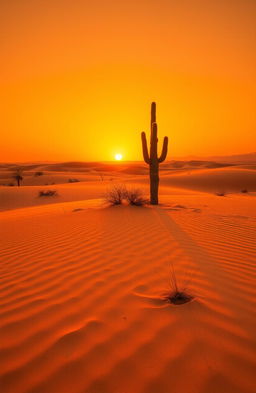 A serene and desolate desert landscape at sunset, featuring vast stretches of golden sand dunes under a vibrant orange sky, with a few scattered dry shrubs and dry grasses