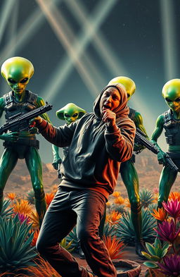 A dynamic scene featuring Eminem performing passionately as he raps to a group of unique and imposing alien soldiers
