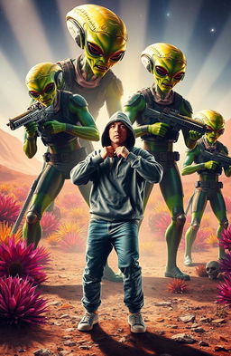 A dynamic scene featuring Eminem performing passionately as he raps to a group of unique and imposing alien soldiers