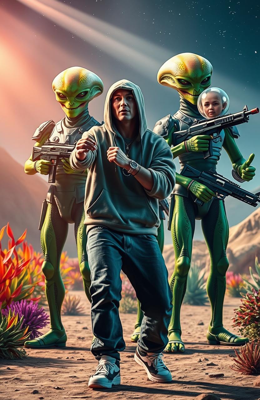 A dynamic scene featuring Eminem performing passionately as he raps to a group of unique and imposing alien soldiers