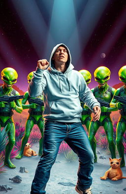 A dynamic scene featuring Eminem performing passionately as he raps to a group of unique and imposing alien soldiers