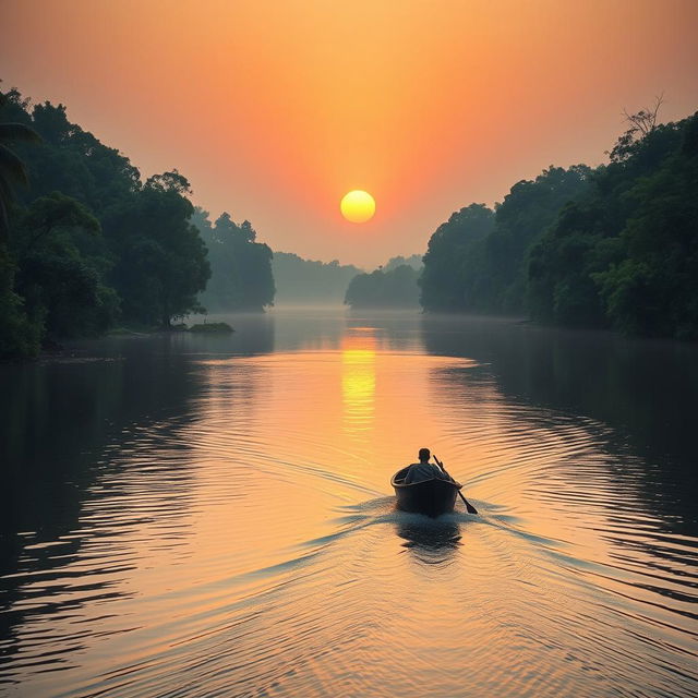 A tranquil river with a small boat drifting away, symbolizing the fading hope into the distance