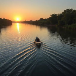 A tranquil river with a small boat drifting away, symbolizing the fading hope into the distance
