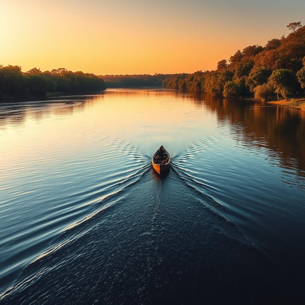 A tranquil river with a small boat drifting away, symbolizing the fading hope into the distance