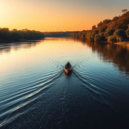 A tranquil river with a small boat drifting away, symbolizing the fading hope into the distance