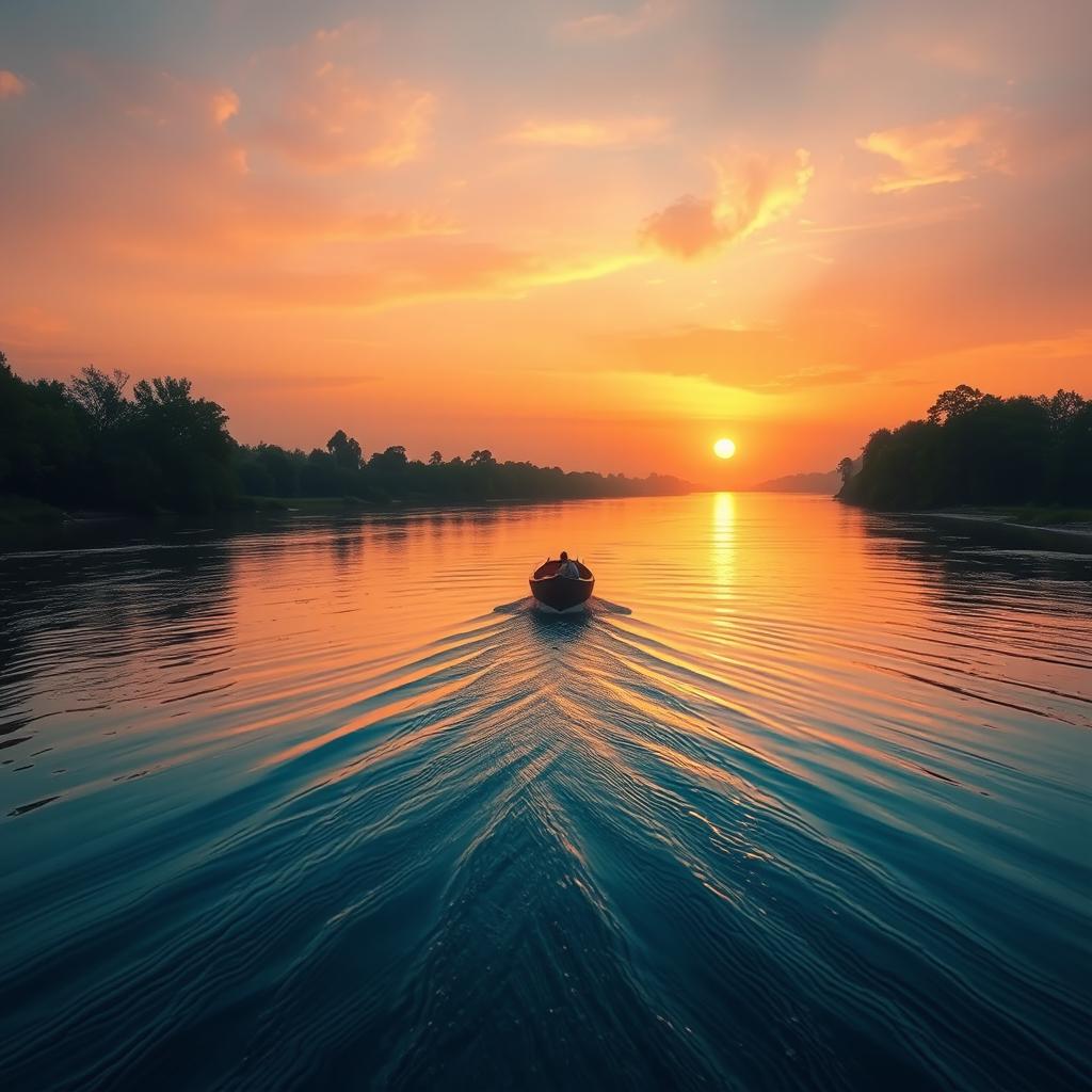 A tranquil river with a small boat drifting away into the distance, symbolizing hope as it fades into the horizon