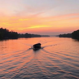 A tranquil river with a small boat drifting away into the distance, symbolizing hope as it fades into the horizon