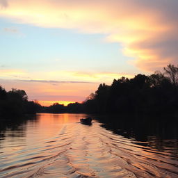A tranquil river with a small boat drifting away into the distance, symbolizing hope as it fades into the horizon