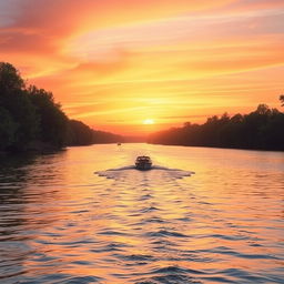 A tranquil river with a small boat drifting away into the distance, symbolizing hope as it fades into the horizon
