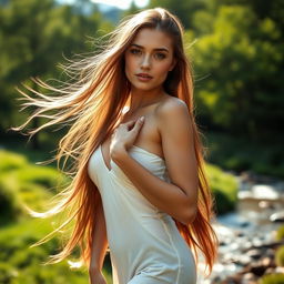 A beautiful woman with long flowing hair, standing confidently in a natural setting