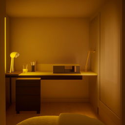 A cozy, simple and modern 3x4 room, beautifully comforting with dim yellow lighting. Features include a yellow wooden desk, a black drawer, a single bed, and a window on the right side.