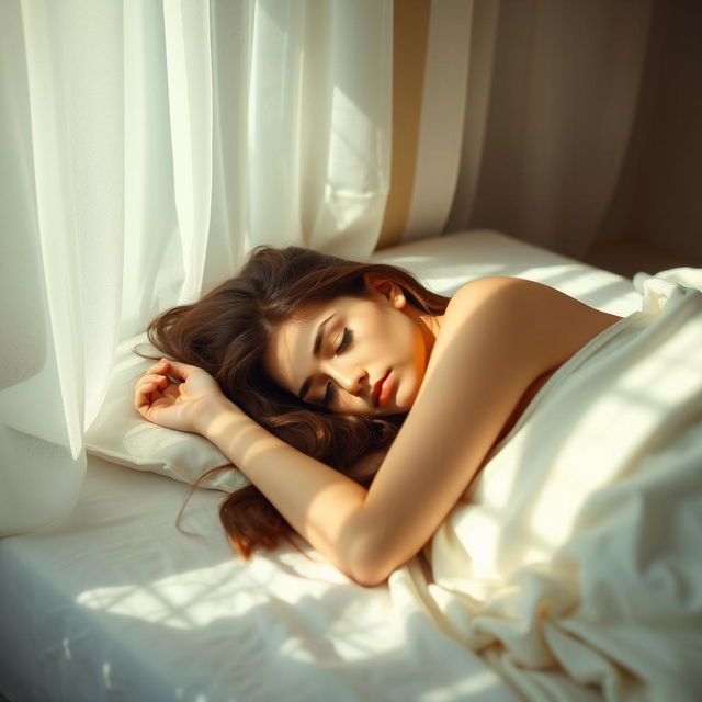 A serene and minimalist scene of a young woman peacefully sleeping in a tranquil bedroom setting