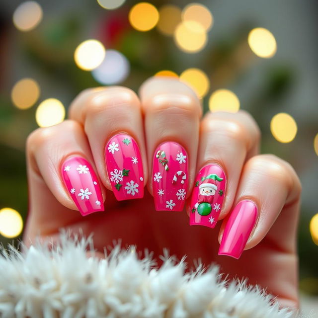 A beautiful close-up of elegantly manicured nails painted in a vibrant pink color, adorned with festive Christmas designs including small snowflakes, candy canes, and holiday ornaments