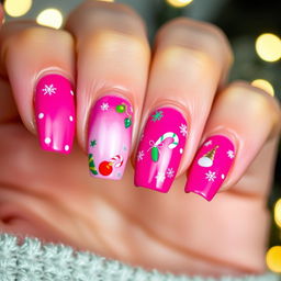 A beautiful close-up of elegantly manicured nails painted in a vibrant pink color, adorned with festive Christmas designs including small snowflakes, candy canes, and holiday ornaments