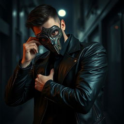 A mysterious man in a sleek black leather jacket, showcasing a dynamic pose as he changes his mask