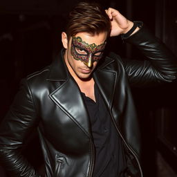 A mysterious man in a sleek black leather jacket, showcasing a dynamic pose as he changes his mask
