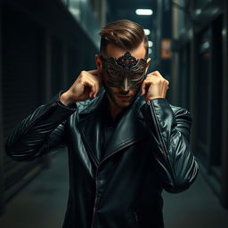 A mysterious man in a sleek black leather jacket, showcasing a dynamic pose as he changes his mask