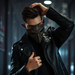 A mysterious man in a sleek black leather jacket, showcasing a dynamic pose as he changes his mask