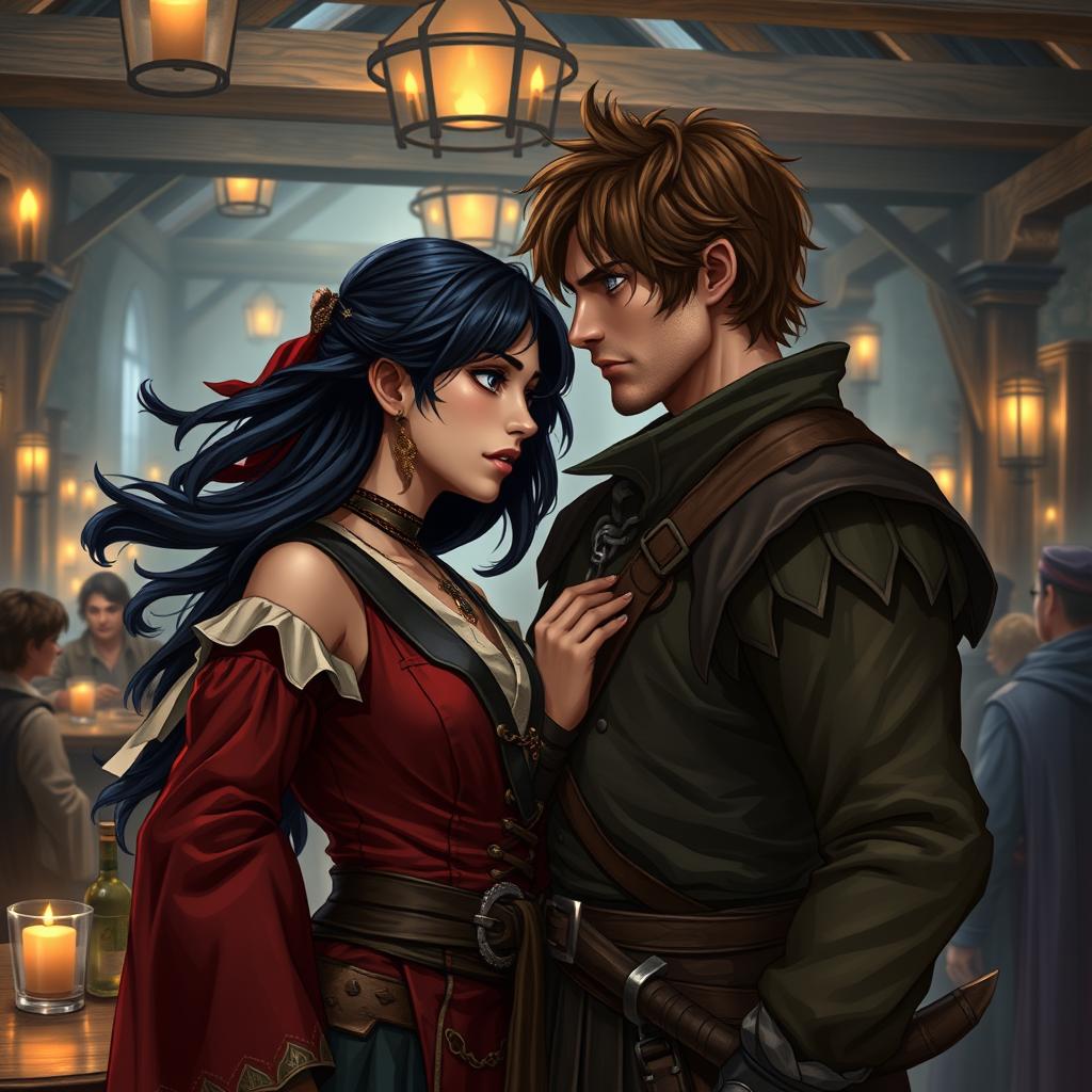 A fantasy character couple in a tavern setting