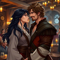 A fantasy character couple in a tavern setting