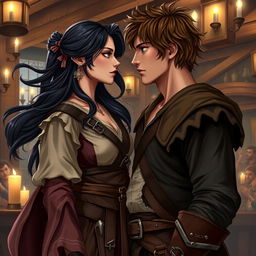 A fantasy character couple in a tavern setting
