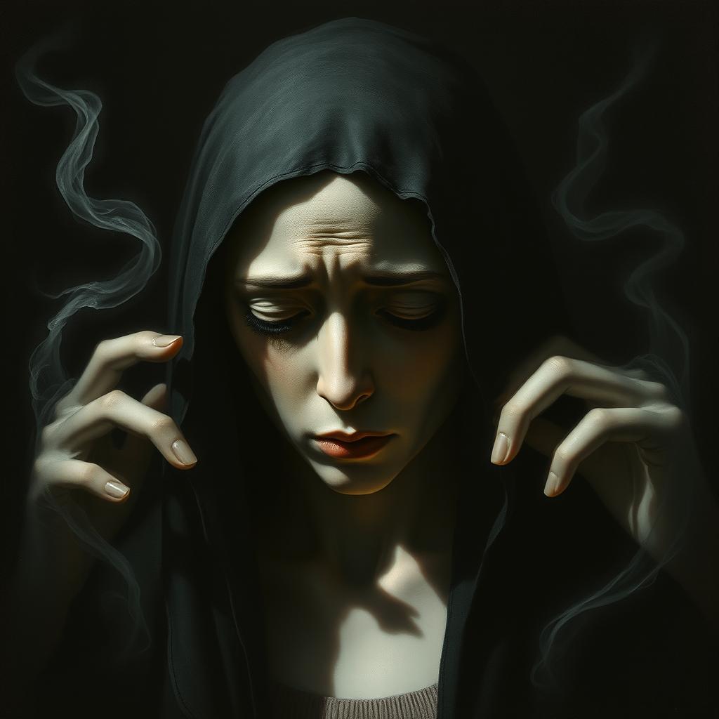 A figure with a profound expression of desolation, surrounded by shadowy forms that appear to be trying to offer comfort but are unable to do so