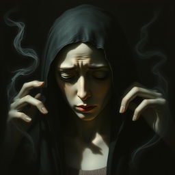 A figure with a profound expression of desolation, surrounded by shadowy forms that appear to be trying to offer comfort but are unable to do so