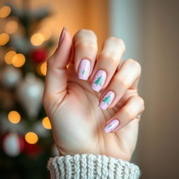 A stylish, aesthetic view of a straight hand with beautifully manicured pink Christmas-themed nails