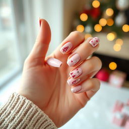 A stylish, aesthetic view of a straight hand with beautifully manicured pink Christmas-themed nails