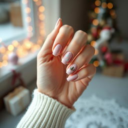A stylish, aesthetic view of a straight hand with beautifully manicured pink Christmas-themed nails
