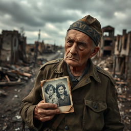 An old soldier wearing a tattered military uniform stands in a desolate, wrecked town, surrounded by crumbling buildings and remnants of war