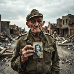 An old soldier wearing a tattered military uniform stands in a desolate, wrecked town, surrounded by crumbling buildings and remnants of war