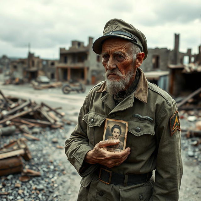 An old soldier wearing a tattered military uniform stands in a desolate, wrecked town, surrounded by crumbling buildings and remnants of war