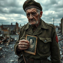 An old soldier wearing a tattered military uniform stands in a desolate, wrecked town, surrounded by crumbling buildings and remnants of war